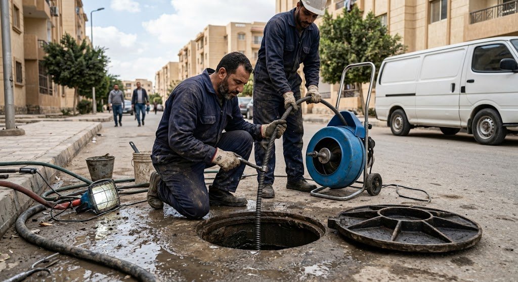 شاحنة شفط بيارات متطورة تقوم بتفريغ وتنظيف شبكة الصرف الصحي أمام فيلا في حي الوادي بالرياض باستخدام خراطيم الضغط العالي