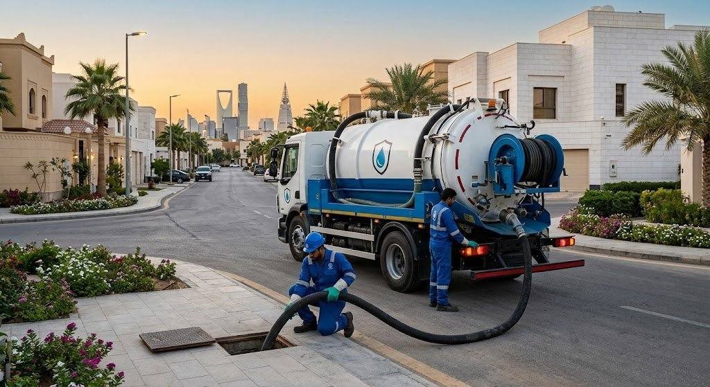 فريق عمل محترف يقوم بتنظيف وشفط البيارات بدقة وأمان ضمن خدمات شفط بيارات حي الرائد بالرياض لضمان بيئة صحية ونظيفة وراحة العملاء.