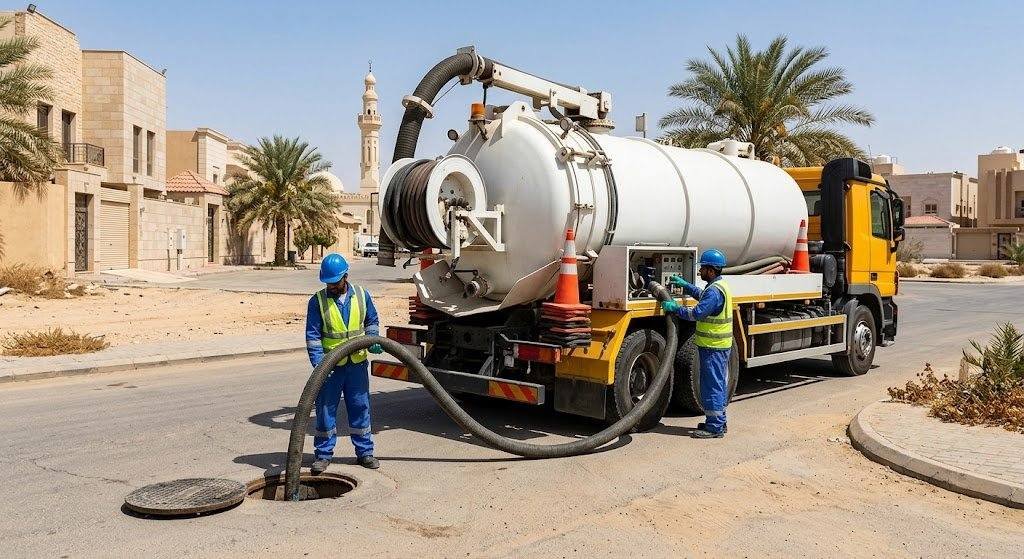 فريق عمل محترف يقوم بسحب وتنظيف البيارات بدقة وأمان باستخدام أحدث سيارات الشفط والمعدات ضمن خدمات شركة شفط بيارات بالرياض لضمان بيئة نظيفة وراحة العملاء.
