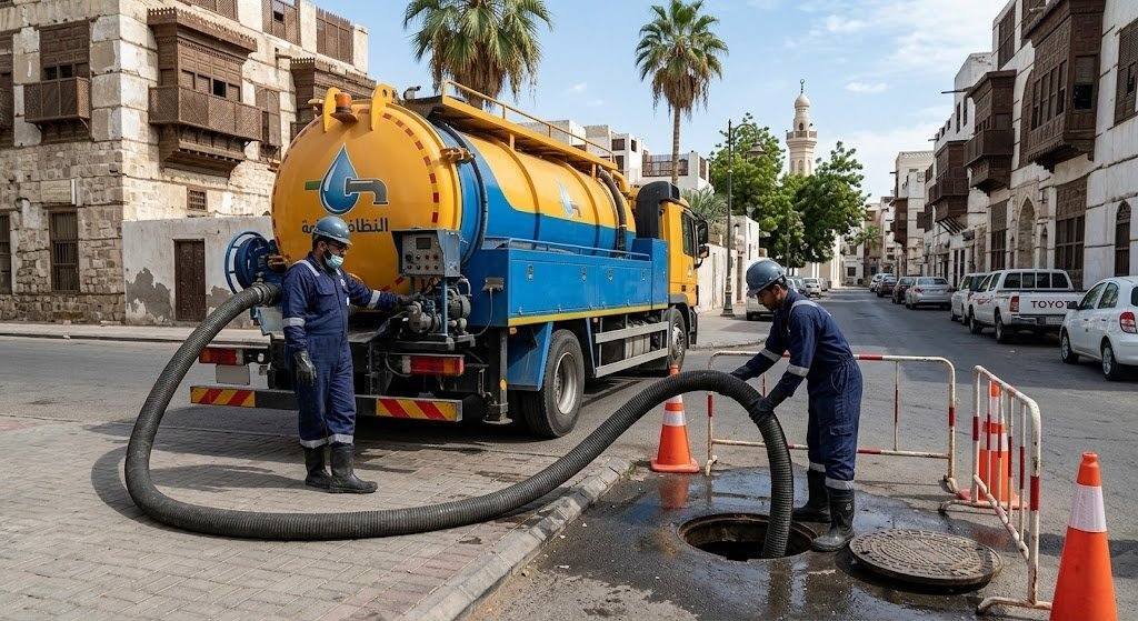 فريق عمل محترف يقوم بأعمال شفط وتنظيف البيارات بدقة وأمان باستخدام أحدث سيارات الشفط والمعدات المتطورة ضمن خدمات شفط بيارات حي المصانع لضمان بيئة نظيفة وصحية وراحة العملاء.